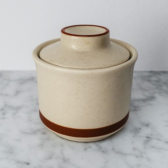 Vintage Kimco Stoneware Small Lidded Jar Sugar Bowl Brown Trim Made In Japan - Picture 1 of 5